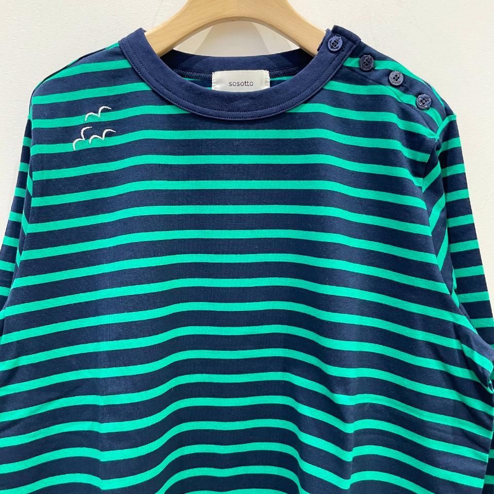 sosotto (ソソット) | ボーダー切替クルー肩釦9分袖 (navy / green) | トップス お洒落 sosotto (ソソット) | ボーダー切替クルー肩釦9分袖 (navy