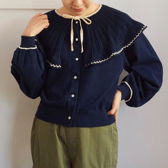 CHILD WOMAN - 強撚綿透かし編み襟付きカーディガン (0101KN002241)(正規取扱品)