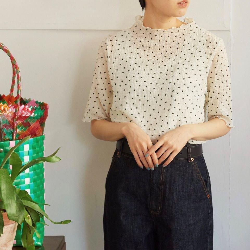CHILD WOMAN - ストレッチシアーサッカー5分袖ボトルネックプル