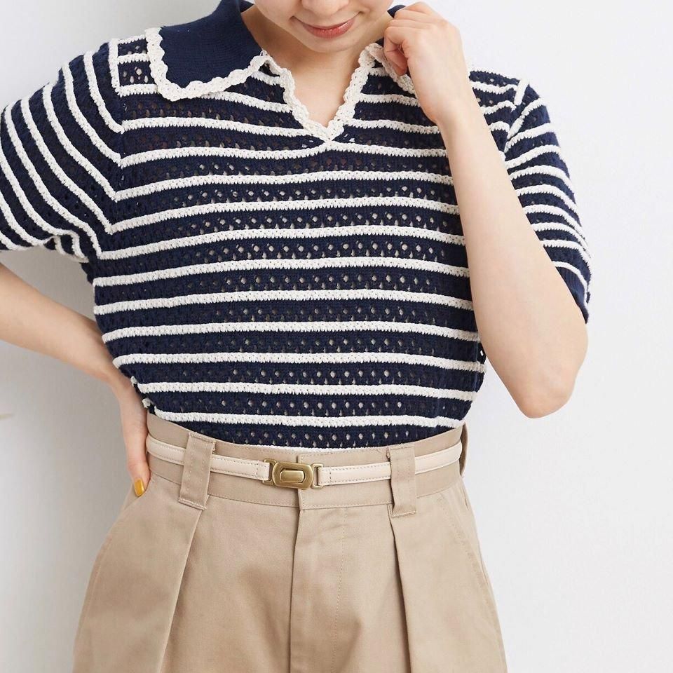 CHILD WOMAN - 透かし編み ボーダーニットポロ (0101KN008241 CHILD WOMAN - 透かし編み ボーダーニットポロ (0101KN008241