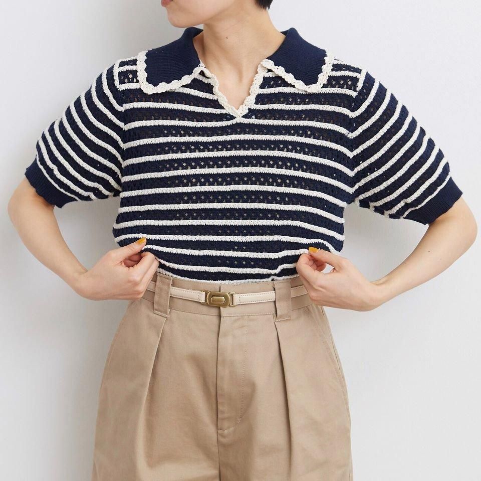 CHILD WOMAN - 透かし編み ボーダーニットポロ (0101KN008241 CHILD WOMAN - 透かし編み ボーダーニットポロ (0101KN008241