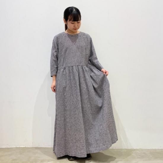 SARAHWEAR - Linen Cotton Gingham Three-quarter Sleeve DressC71242