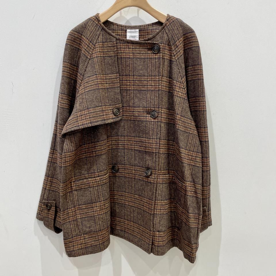 ina - ショルダーパッチ付き チェック柄ダブルジャケット