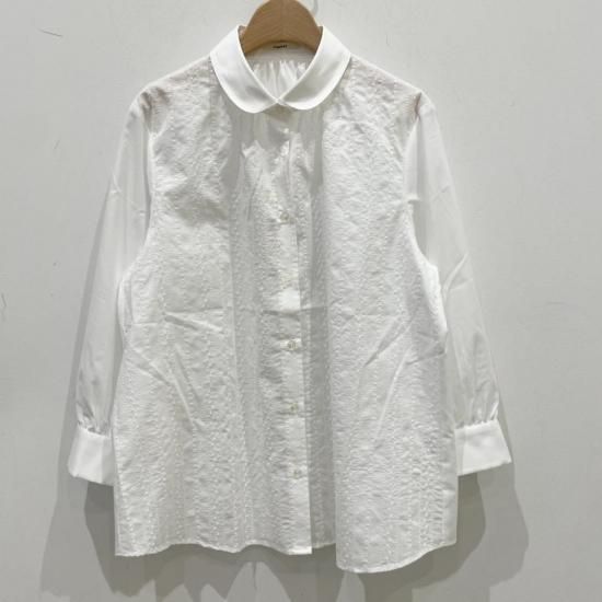 Parkes - 60ローン オリジナルフラワーストライプ 刺繍丸襟ギャザー7分袖ブラウス(PH2521000)
