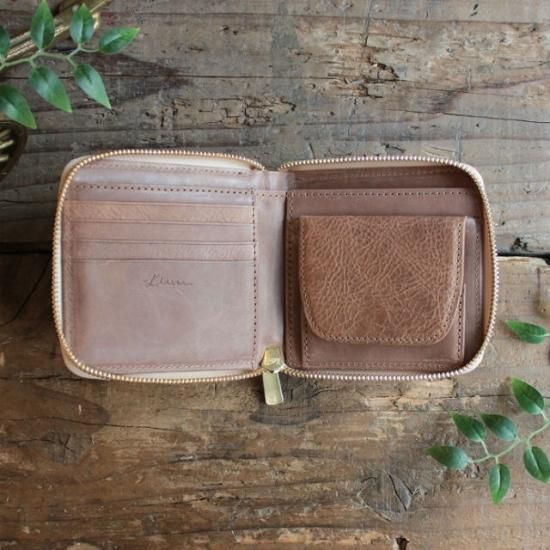 ワックスレザー ラウンド二つ折財布 / サンドベージュ - 革