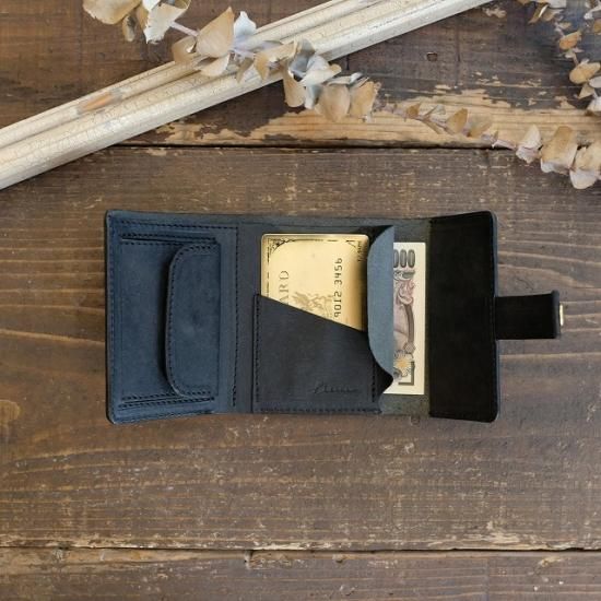プエブロ 三つ折りコンパクト財布 / ブラック - 革コイン