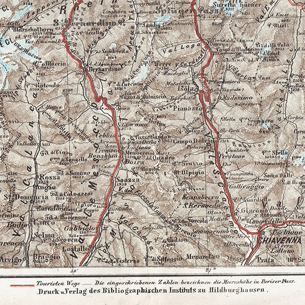 スイスのアンティークマップ ベルナルディーノ・シュプリューゲン周辺（ドイツ語の古地図）023