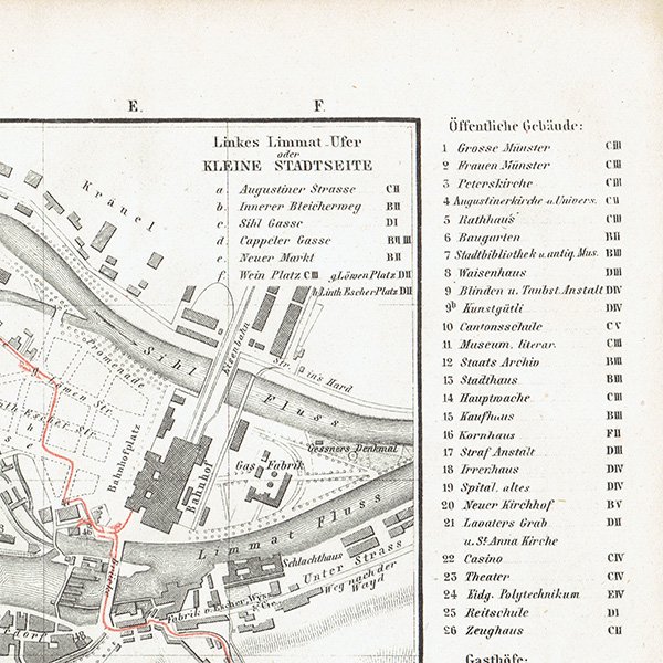 スイスのアンティークマップ チューリッヒ市街地（ドイツ語の古地図）029