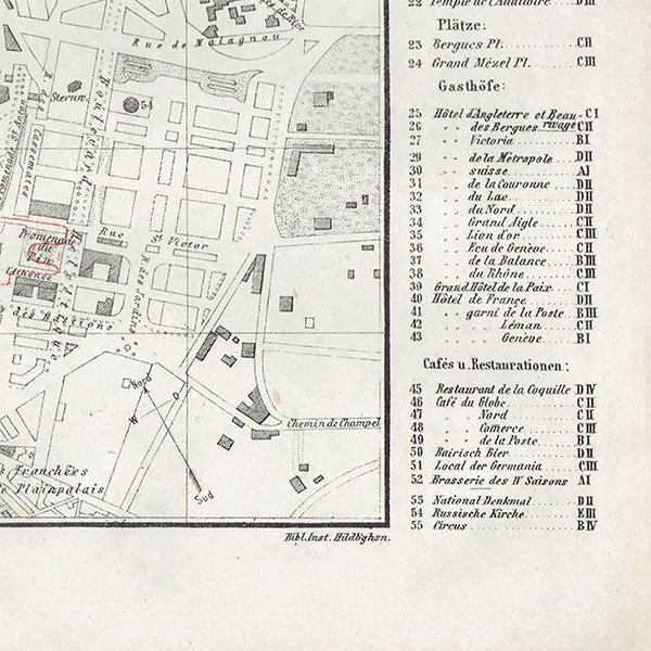 スイスのアンティークマップ ジュネーヴ市街地（ドイツ語の古地図）034