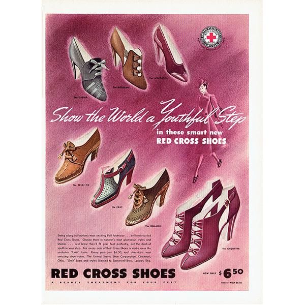 アメリカの1930年代ファッション雑誌よりレッドクロスシューズ Red Cross Shoes の広告 0135 アンティーク ヴィンテージの古いプリント 紙もの Comfy Design