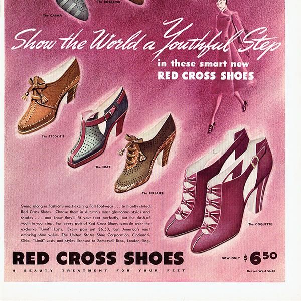 アメリカの1930年代ファッション雑誌よりレッドクロスシューズ Red Cross Shoes の広告 0135 アンティーク ヴィンテージの古いプリント 紙もの Comfy Design