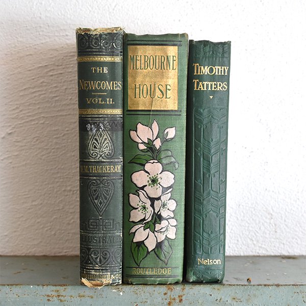 イギリス アンティークブック 古い洋書 グリーン系 3冊セット ディスプレイ057 アンティークプリント ヴィンテージプリントなどの古いプリント 古い紙もの専門店 コンフィーデザイン