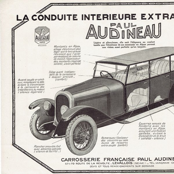 RENAULT（ルノー）/AUDINEAU 1925年クラシックカーのヴィンテージ広告 