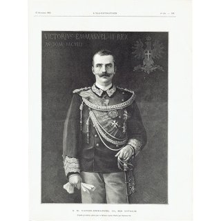 ヴィットーリオ・エマヌエーレ3世 第3代イタリア国王 フランス アンティーク 肖像画 版画 1903年 1101