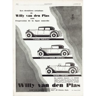 クラシックカー WILLY VAN DEN PLAS（ウィリー バンデン プラ）1926年 / フランスの古い車の広告（ヴィンテージ広告） 0163