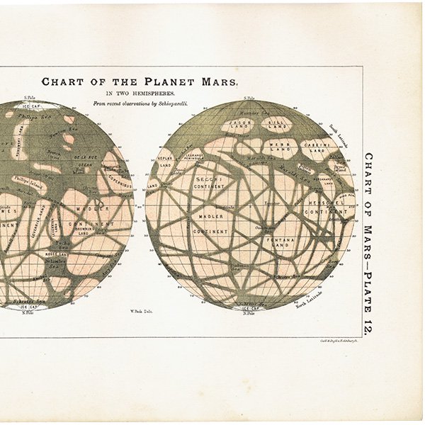 天文学】 火星の図 Chart of the Planet Mars 惑星 1890年 イギリス
