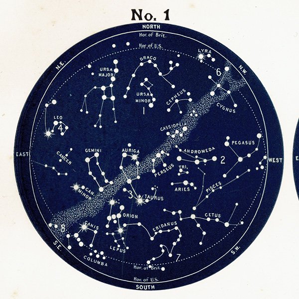 天文学】 天体図 北半球 星座マップ Map for the Northern Hemisphere No.1～No.4 1890