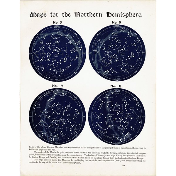 天文学】 天体図 北半球 星座マップ Map for the Northern Hemisphere No.5～No.8 1890