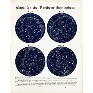 【天文学】 天体図 北半球 星座マップ Map for the Northern Hemisphere No.5〜No.8  1890年 イギリス アンティーク プリント | 0095