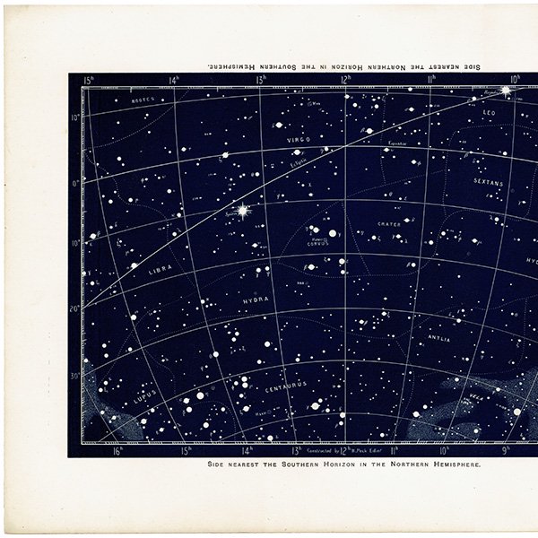 【天文学】 天体図 ケンタウルス座、ろくぶんぎ座、おとめ座など  1890年 イギリス アンティーク プリント | 0090