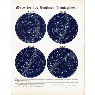 【天文学】 天体図 南半球 星座マップ Map for the Southern Hemisphere No.13〜No.16  1890年 イギリス アンティーク プリント | 0097