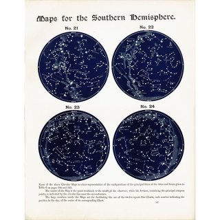 【天文学】 天体図 南半球 星座マップ Map for the Southern Hemisphere No.21〜No.24  1890年 イギリス アンティーク プリント | 0099