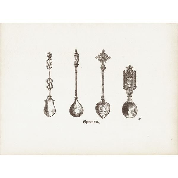 オーナメント / 15世紀と16世紀の装飾品 スプーン Spoons イギリス アンティーク 版画 1904年  0202