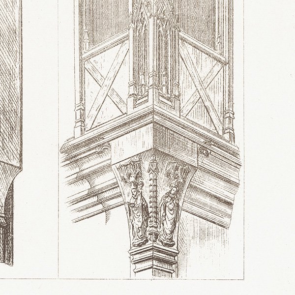 オーナメント / 15世紀と16世紀の装飾品 サン・マルタン通りとフルシェット通りのコーナー イギリス アンティーク 版画 1904年  0204