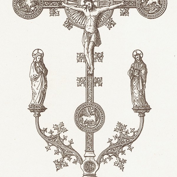 オーナメント / 15世紀と16世紀の装飾品 Crucifix 十字架 クロス イギリス アンティーク 版画 1904年  0217