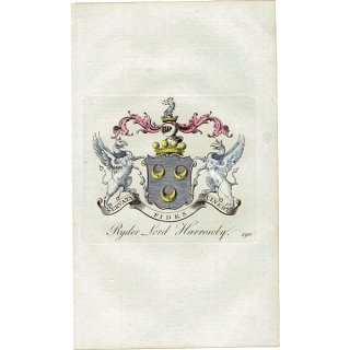 英国貴族の紋章 「Ryder Lord Harrowby（ハロービー卿）」   アンティーク プリント 1779年  |  1196