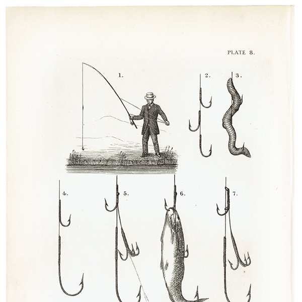 魚釣りアイテム 釣りをする英国紳士と釣り針・毛バリ フライ