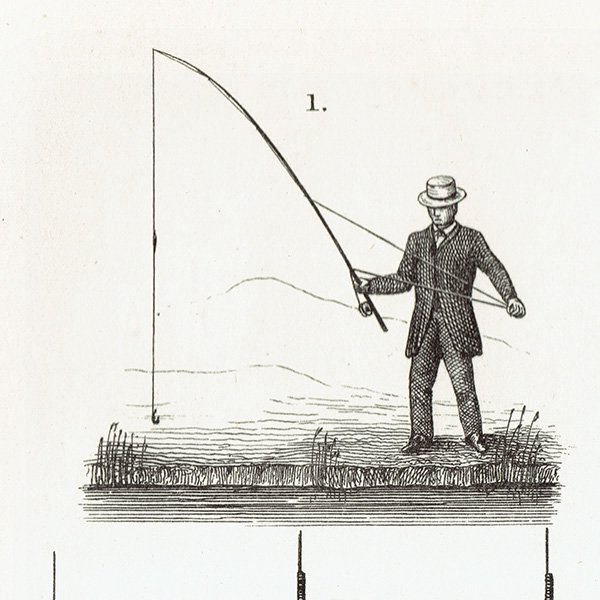 魚釣りアイテム 釣りをする英国紳士と釣り針・毛バリ フライ