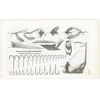 魚釣りアイテム 釣りをする英国紳士の後姿と釣り針・毛バリ フライフィッシング イギリス アンティークプリント 1867年 1004