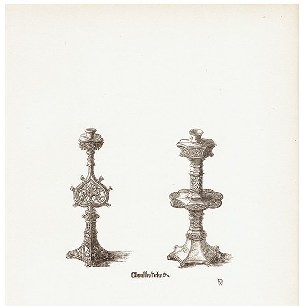 オーナメント / 15世紀と16世紀の装飾品 Candlesticks / キャンドルスタンド イギリス アンティーク 版画 1904年  0250