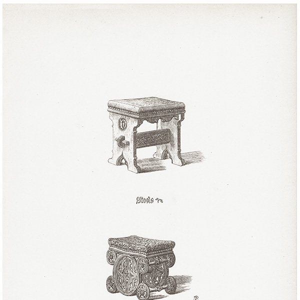 オーナメント / 15世紀と16世紀の装飾品 Stools / スツール イギリス アンティーク 版画 1904年  0257