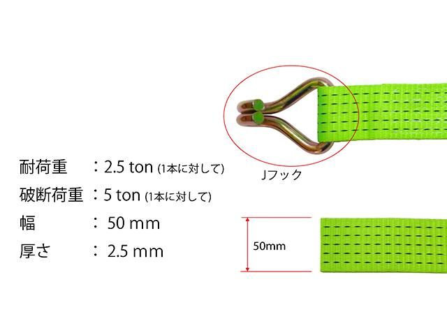 ラチェットバックル式 ラッシングベルト J型フック 2個セット タイヤ固縛 5トン ワイドハンドルタイプ 黒 タイヤ 車 トラック 固定 締め付け  荷締め ベルト