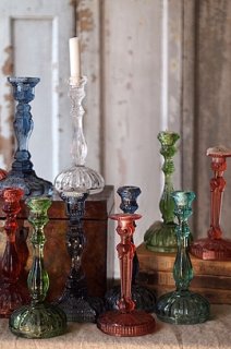 ガラスの燭台.キャンディカラー、みぎひだり-glass candle stand
