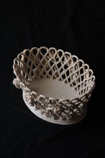 陶器の葡萄籠ジャルディニエ-antique pottery oval basket