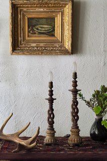 二重螺旋 木彫スタンドランプ-antique wood spiral stand lamp