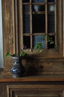 青い線踊る花器-vintage french pottery vase