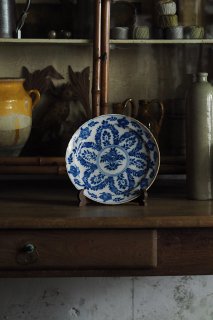 デルフト 青いお花のお皿-antique pottery plate