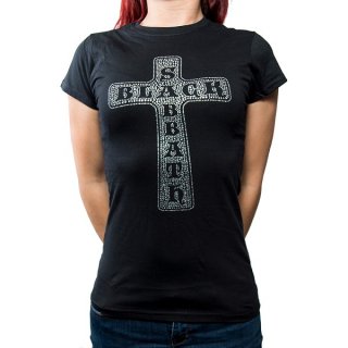 BLACK SABBATH Cross with Rhinestone Application, レディースTシャツ