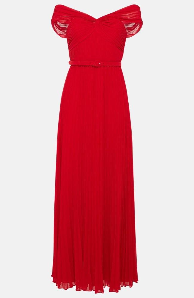 Self-Portrait レッド オフショルダー ワンピ プリーツスカート