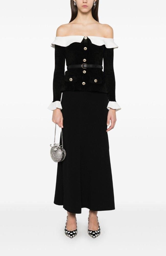 オフショルダー フリルトリム マーメイド ニット マキシドレス