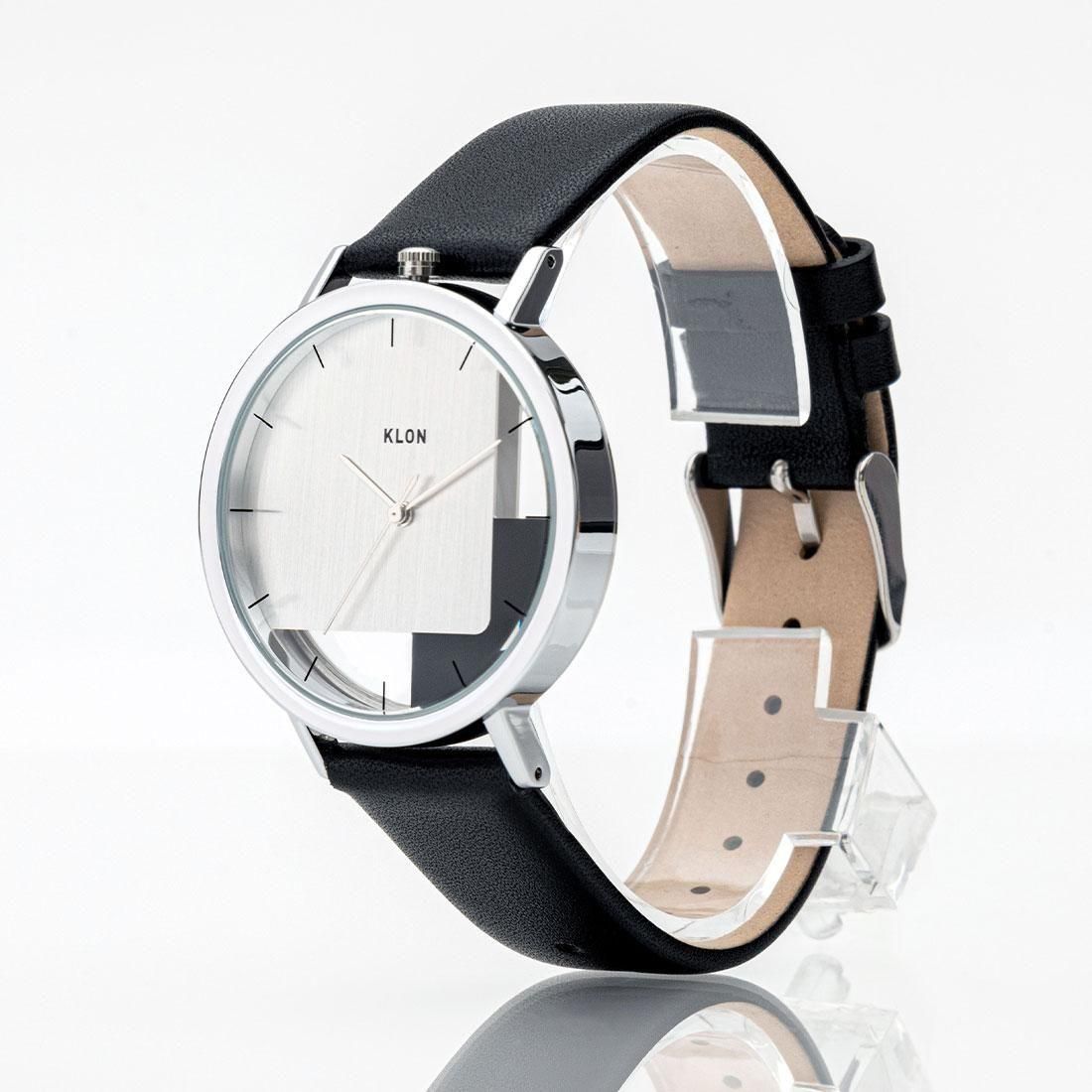 KLON INVISIBLE OVERLAPPING TILES SILVER -BLACK LEATHER STRAP SET- 38mm カジュアル 腕時計