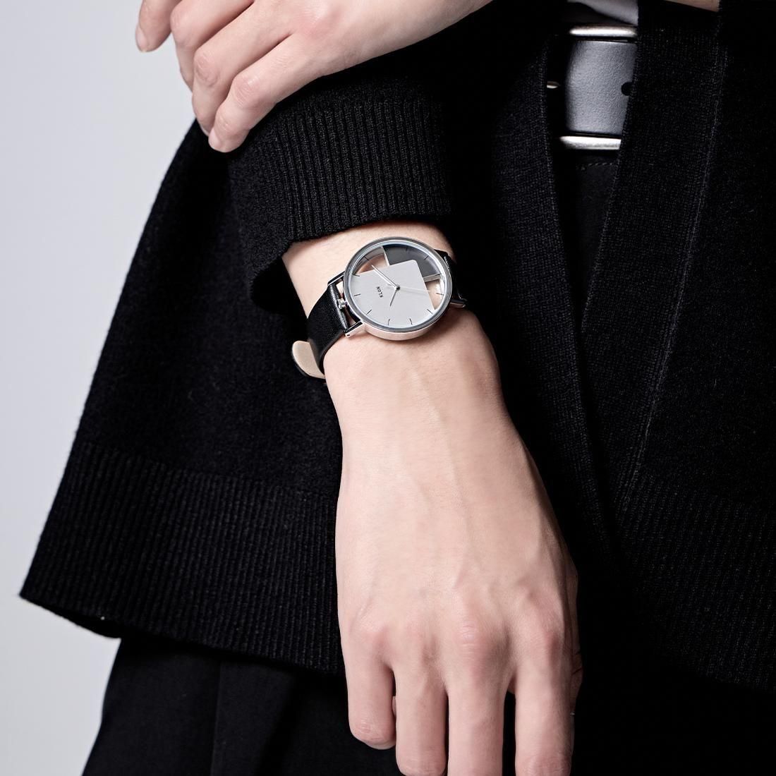 KLON INVISIBLE OVERLAPPING TILES SILVER -BLACK LEATHER STRAP SET- 38mm カジュアル 腕時計