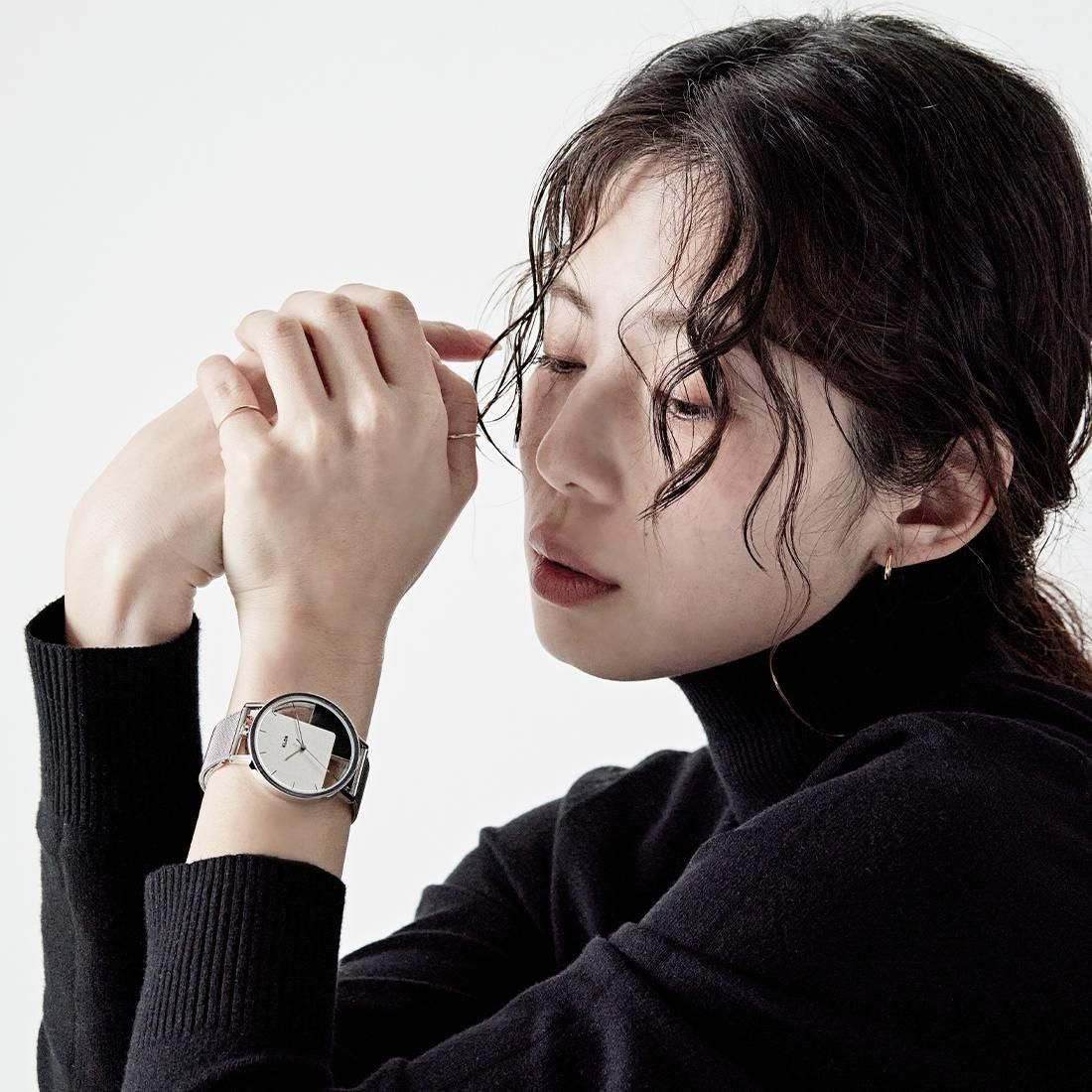 KLON INVISIBLE OVERLAPPING TILES SILVER -BLACK LEATHER STRAP SET- 38mm カジュアル 腕時計