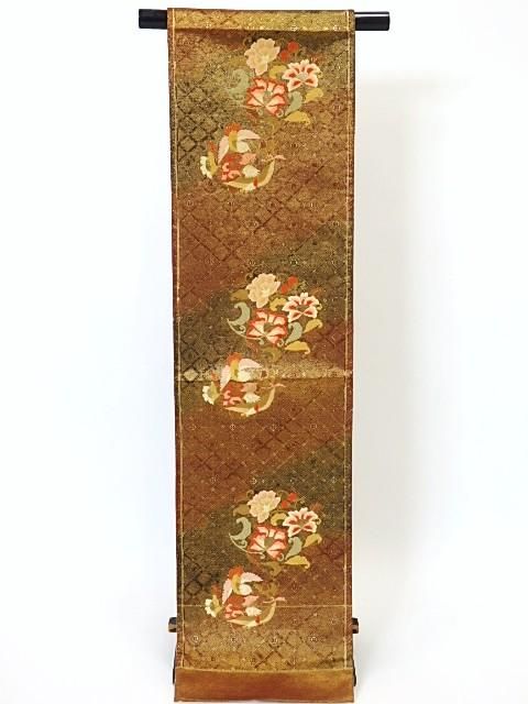 袋帯 正絹 染め帯 金彩加工 銀通し 黒 金 桜 立涌 市松 ブラック