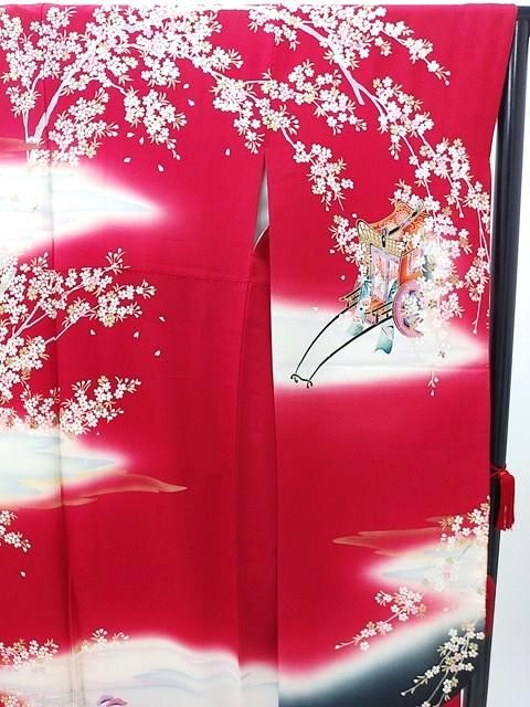 振袖 589 赤 黒 ぼかし グラデーション 御所車 桜 菊 霞 鶴