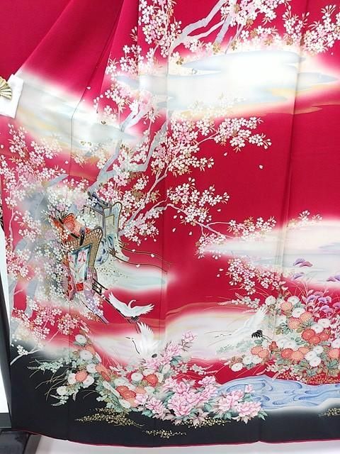 振袖 589 赤 黒 ぼかし グラデーション 御所車 桜 菊 霞 鶴